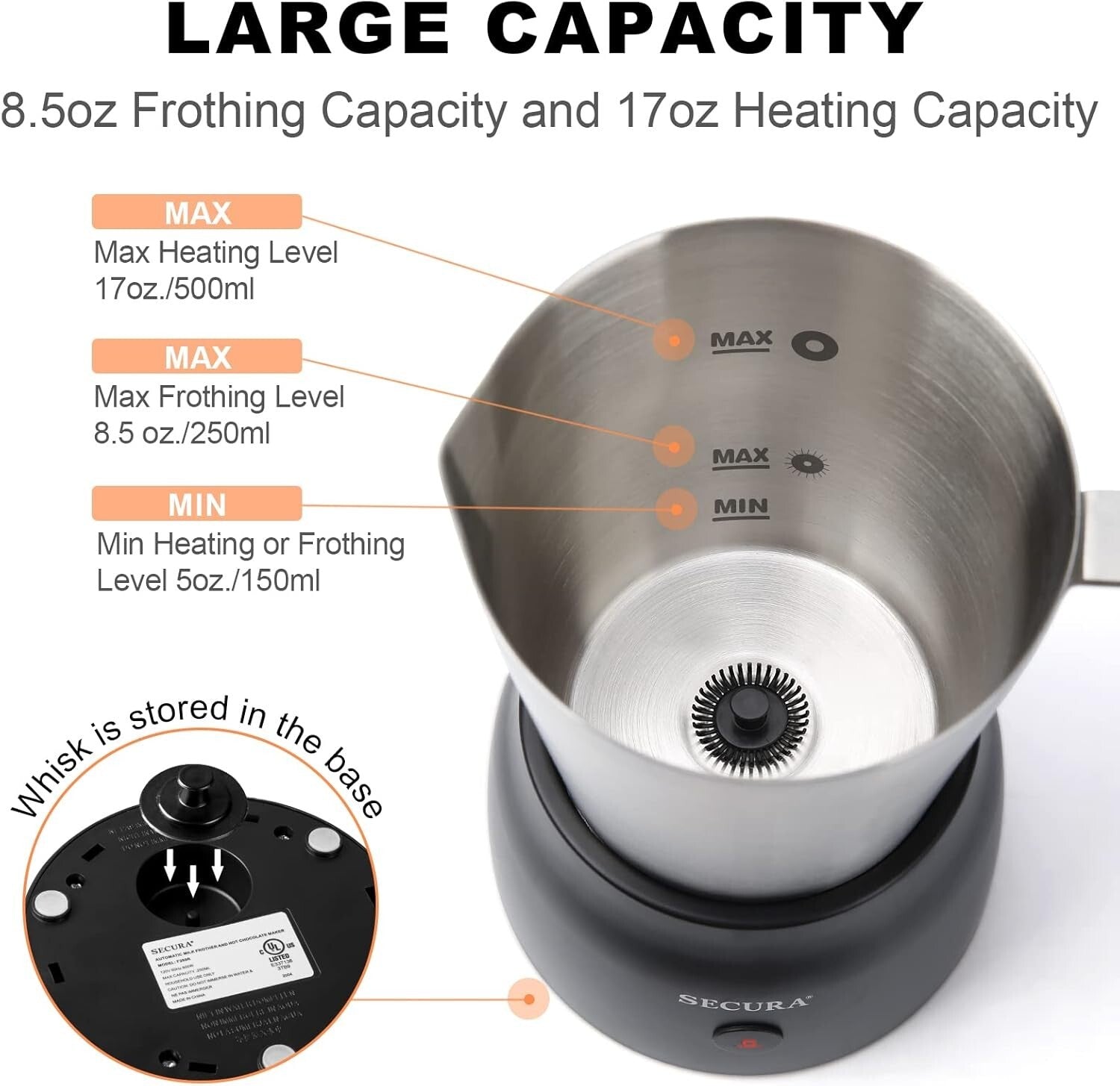 Stainless Steel Electric Milk Frother & Hot Chocolate Maker - 17oz Capacity