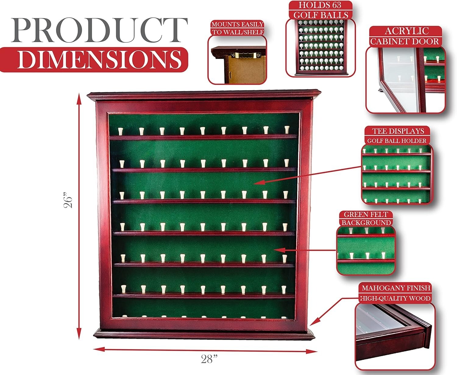 Elegant Mahogany Ball Cabinet with Acrylic Door - Wall Mount for 63 Golf Balls