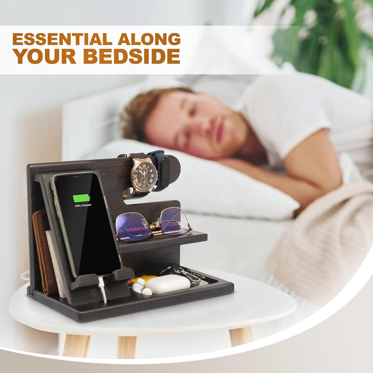 Multi-Functional Wood Phone Docking Station for Men - Ideal Gift in Fumed Black