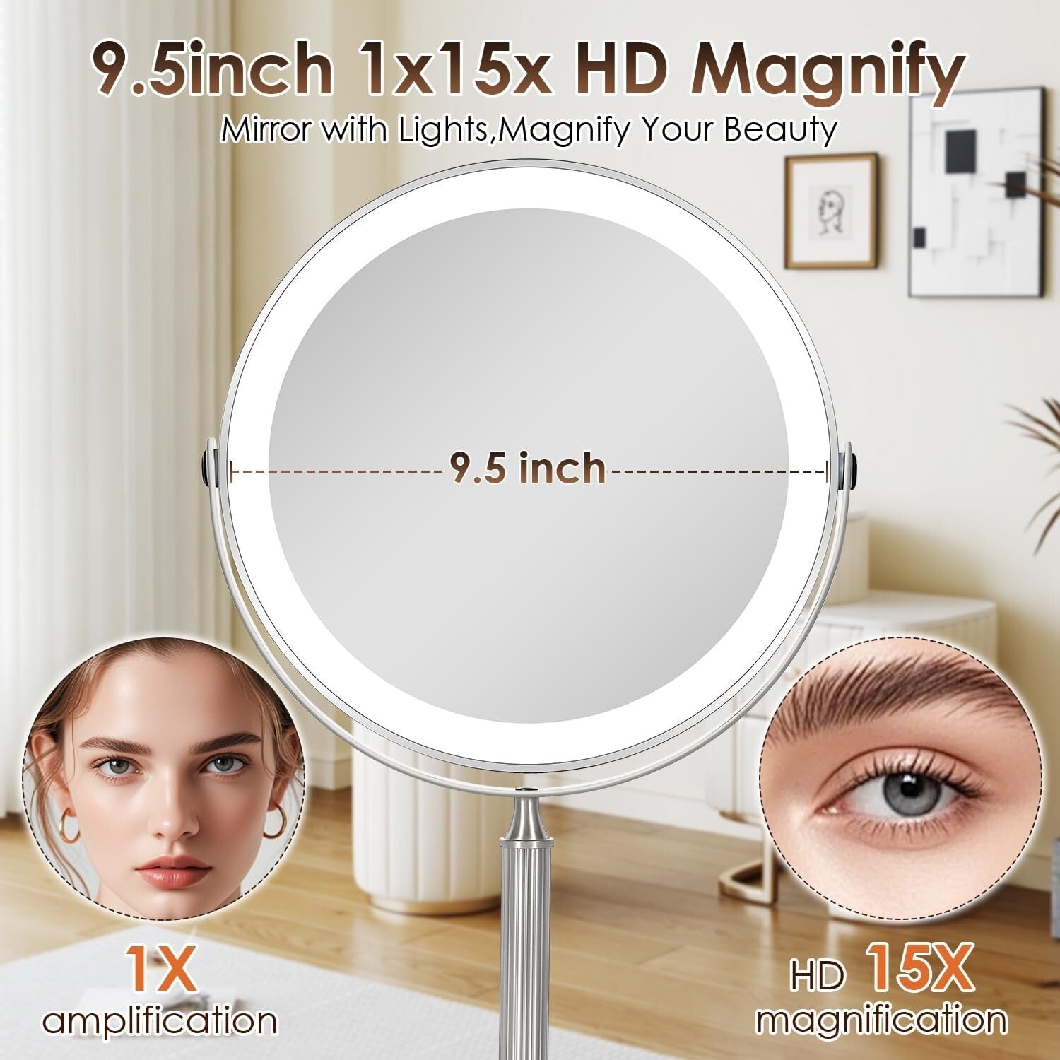 Lighted 9" Travel Makeup Mirror with 15X Magnification - Elegant Pearl Nickel