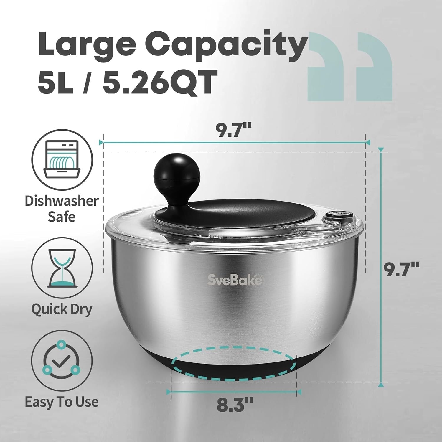 Family-Sized 5.3Qt Salad Spinner: Stainless Steel, Dishwasher Safe & Easy to Use
