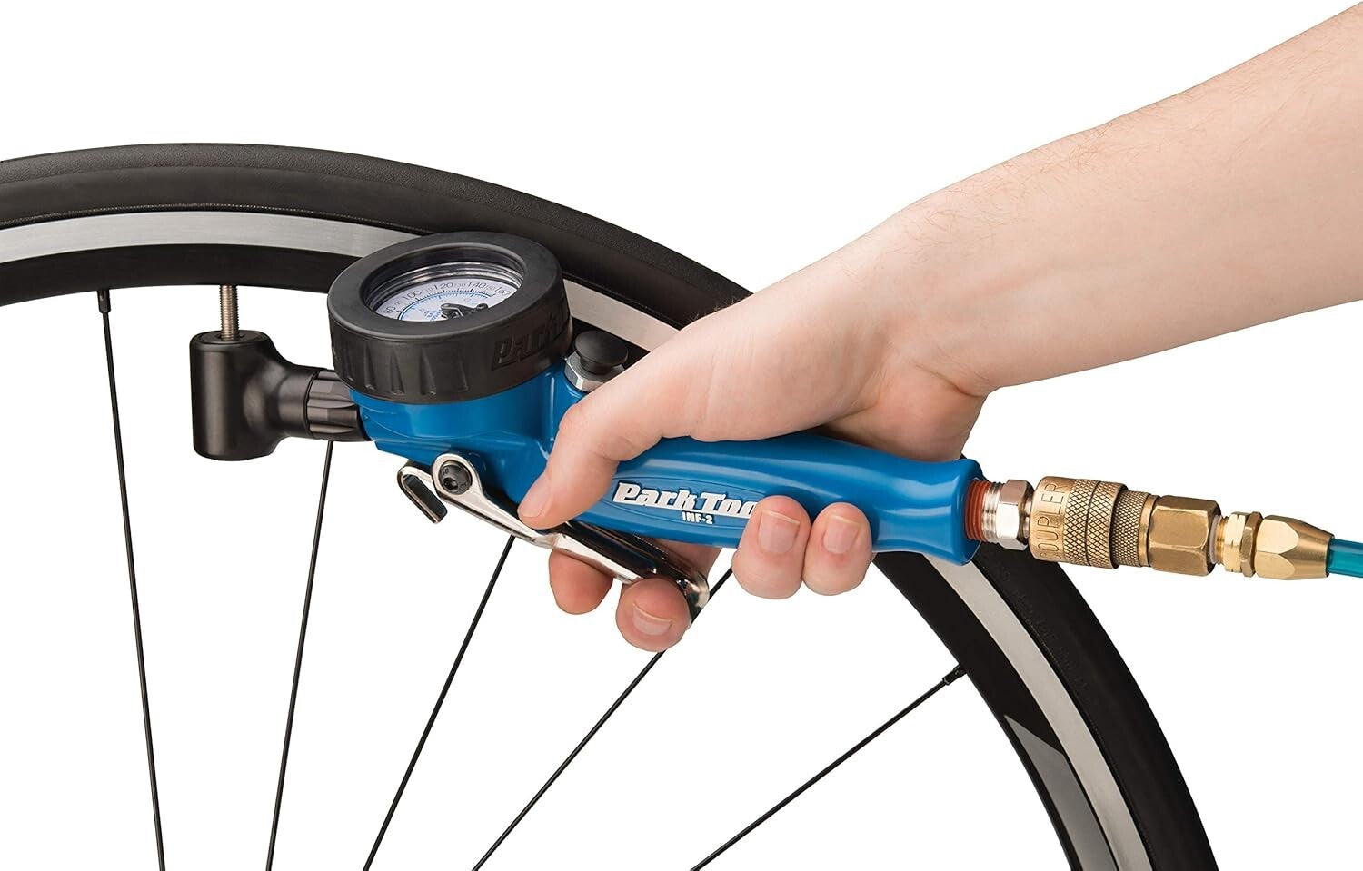 Efficient Blue Bicycle Shop Inflator – Lightweight, Durable, and Rebuildable