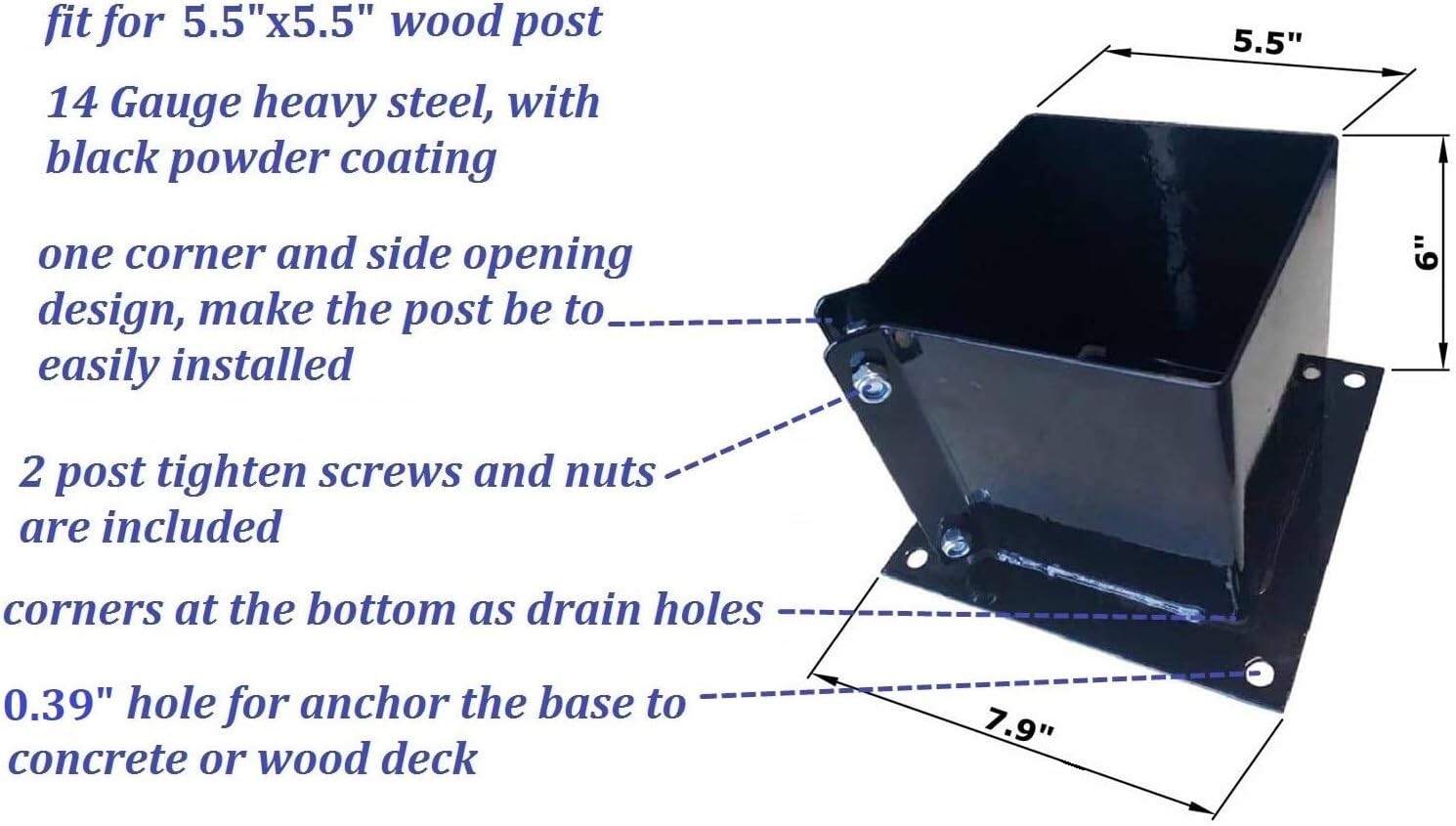 Durable Metal Deck Post Base for 5.5x5.5 Wooden Columns - Black Powder-Coated