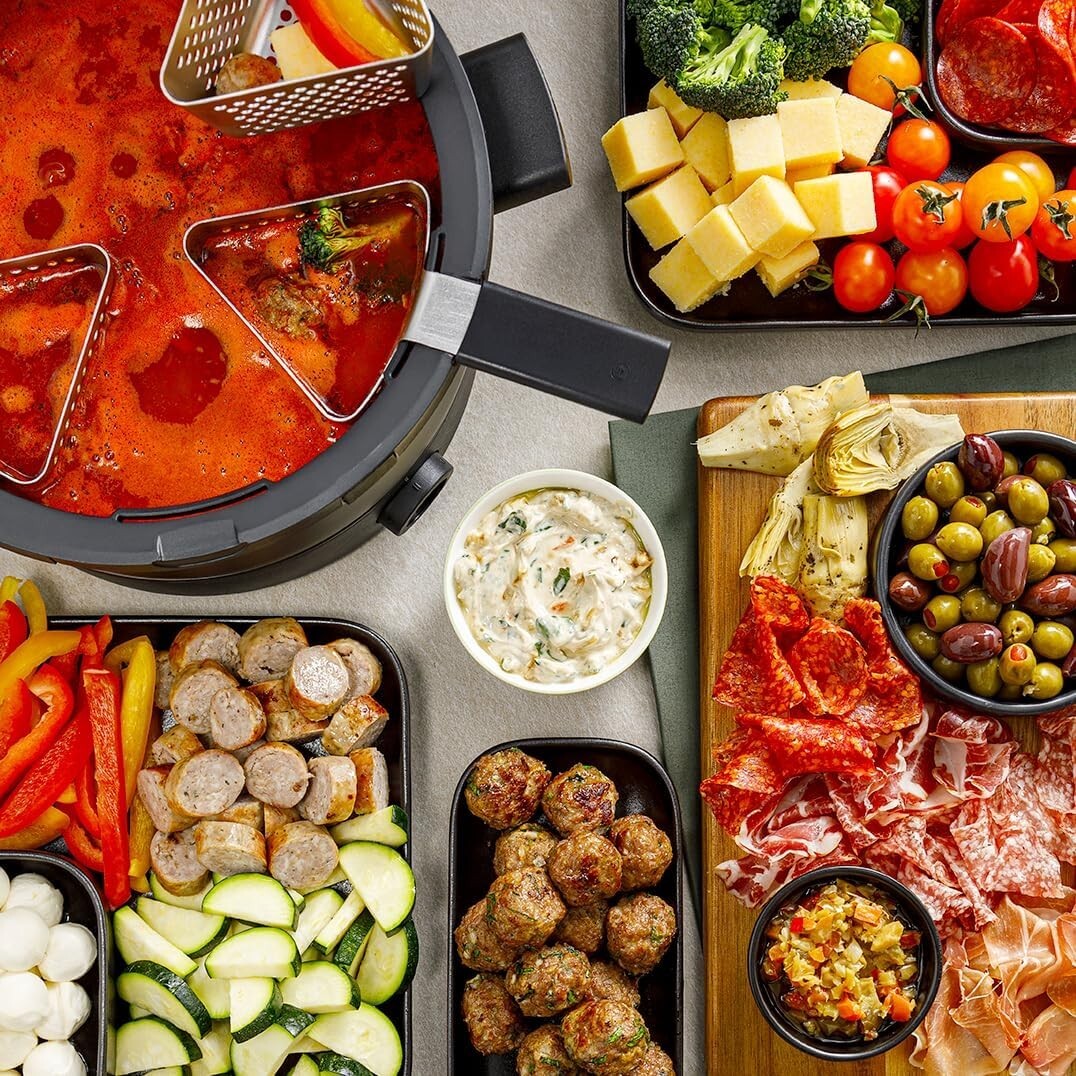 Ceramic Electric Fondue Set for Chocolate, Cheese & Broth - 6 Baskets Included