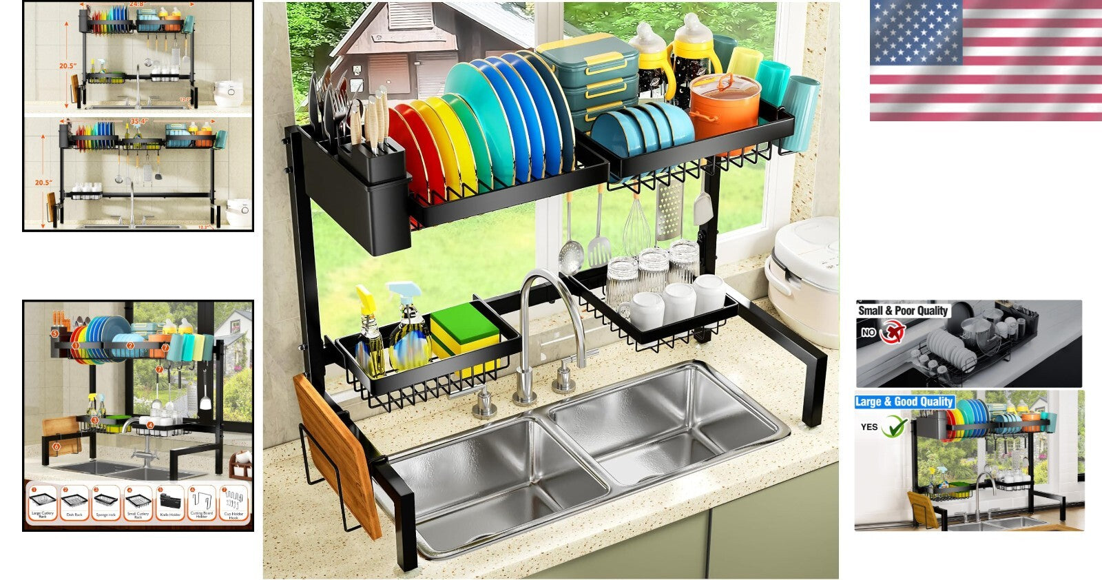 Adjustable 2-Tier Metal Dish Drying Rack with 4 Baskets - Space-Saving Solution