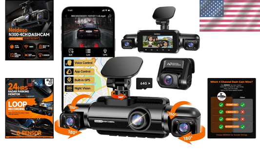 4 Channel 1080P Dash Cam with Night Vision, App Control & 24-Hour Parking Mode