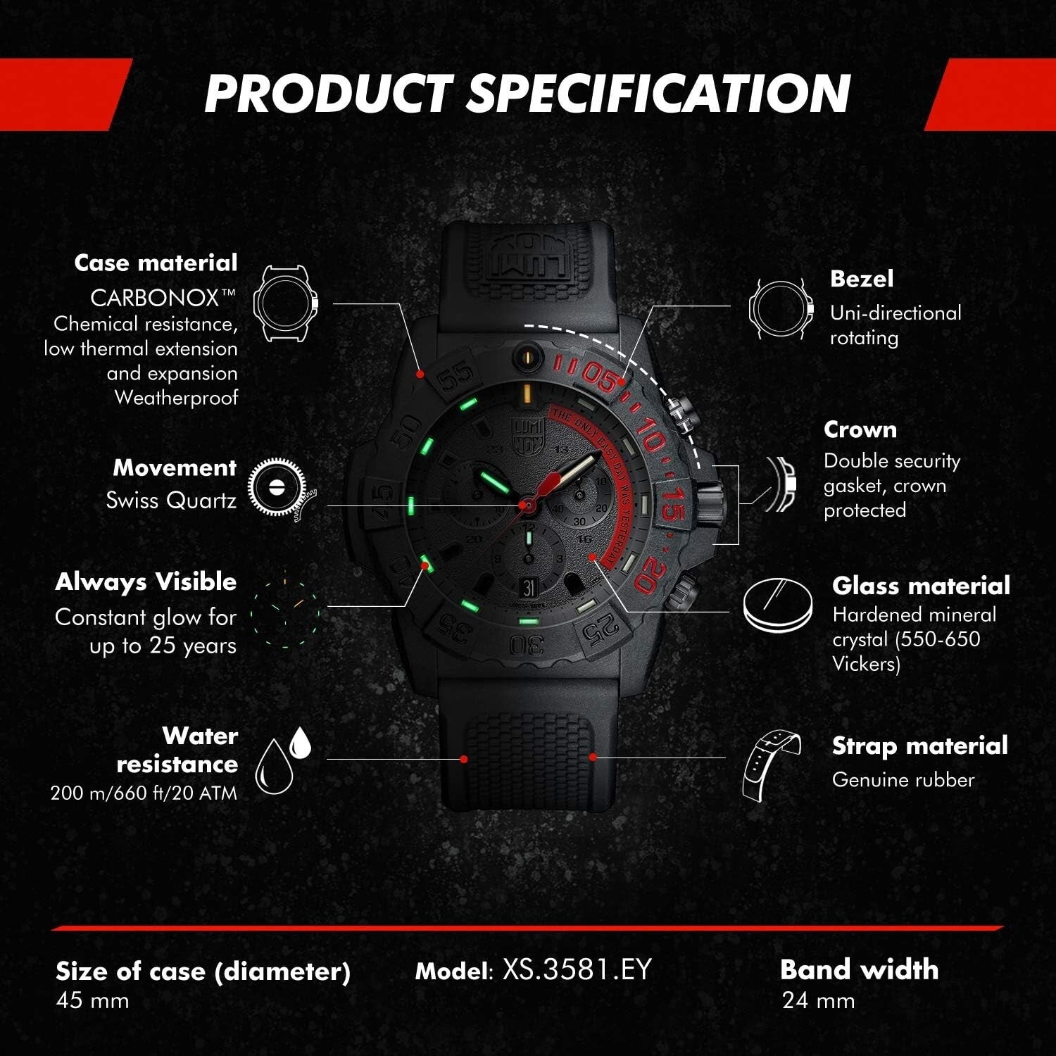 45mm Navy Seal Series 3580 Dive Watch - Water Resistant, Black Dial Chronograph