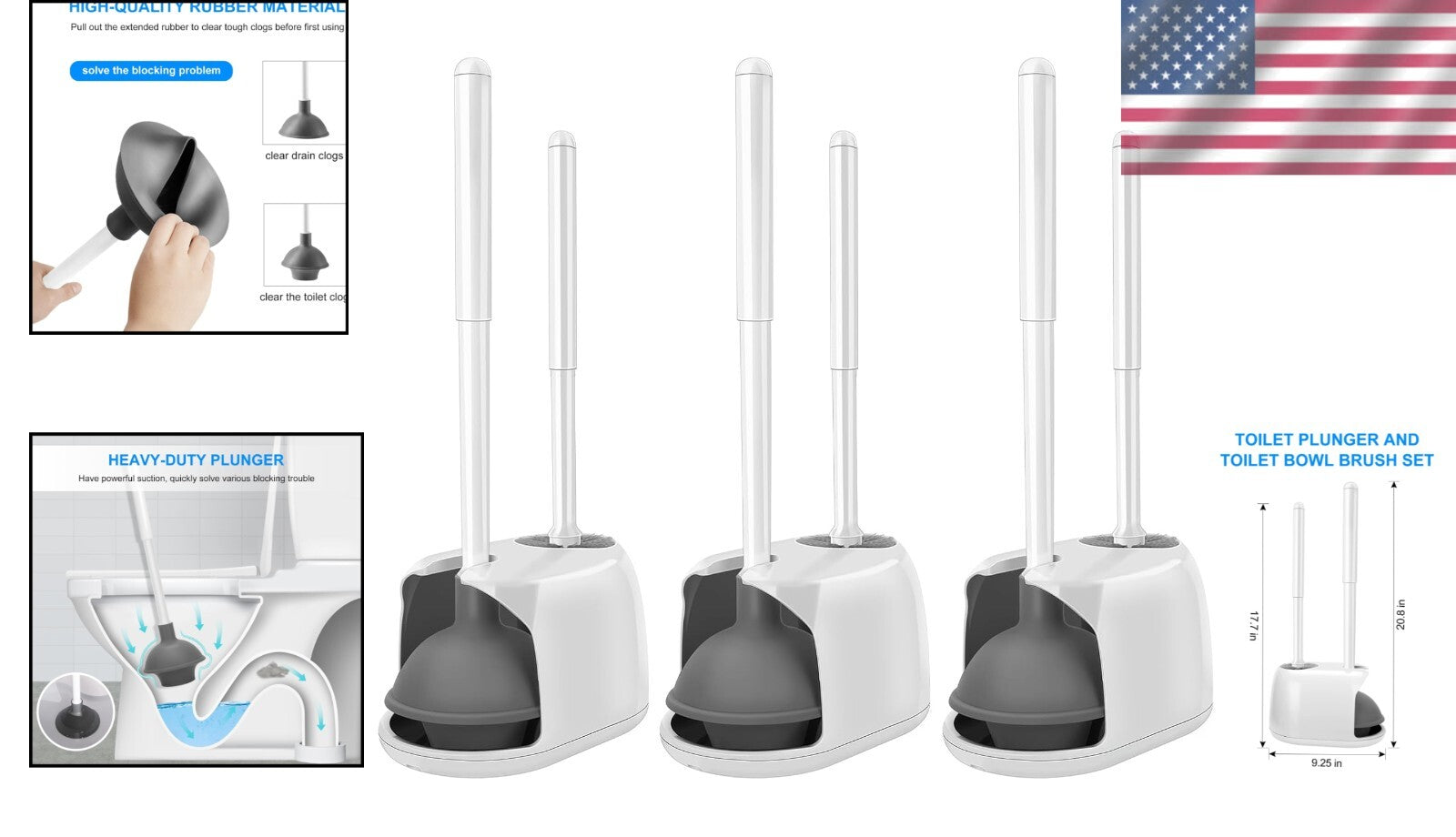 White Toilet Cleaning Set: 3-Piece Brush & Plunger with Convenient Caddy