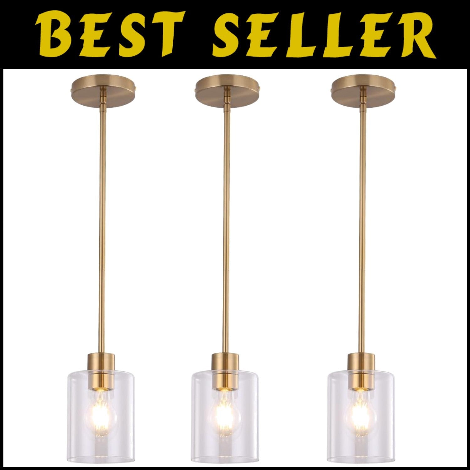 Height-Adjustable Brass Pendant Light Fixtures with Clear Glass Shade - 3 Units