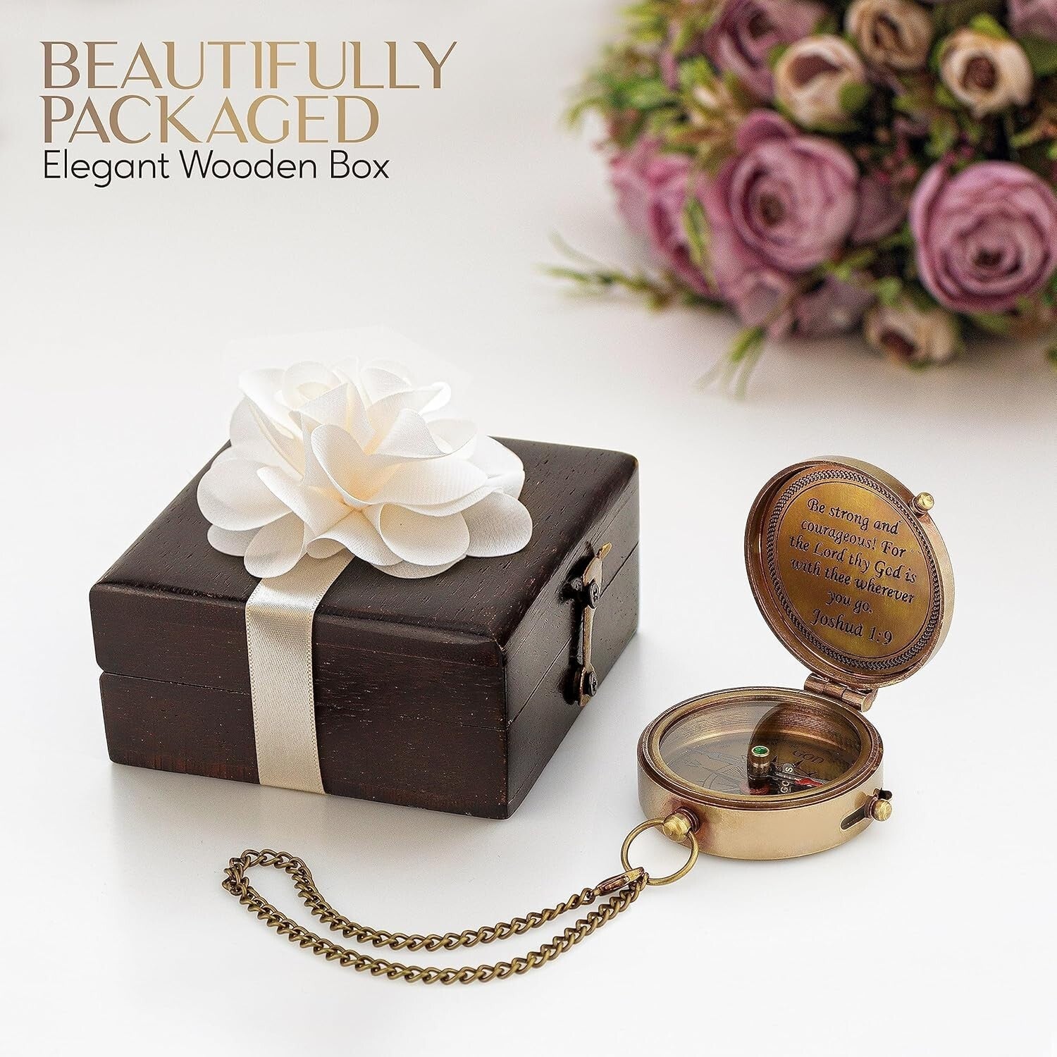 Elegant Brass Compass Display with Joshua 1:9 Inscription - Perfect for Gifting