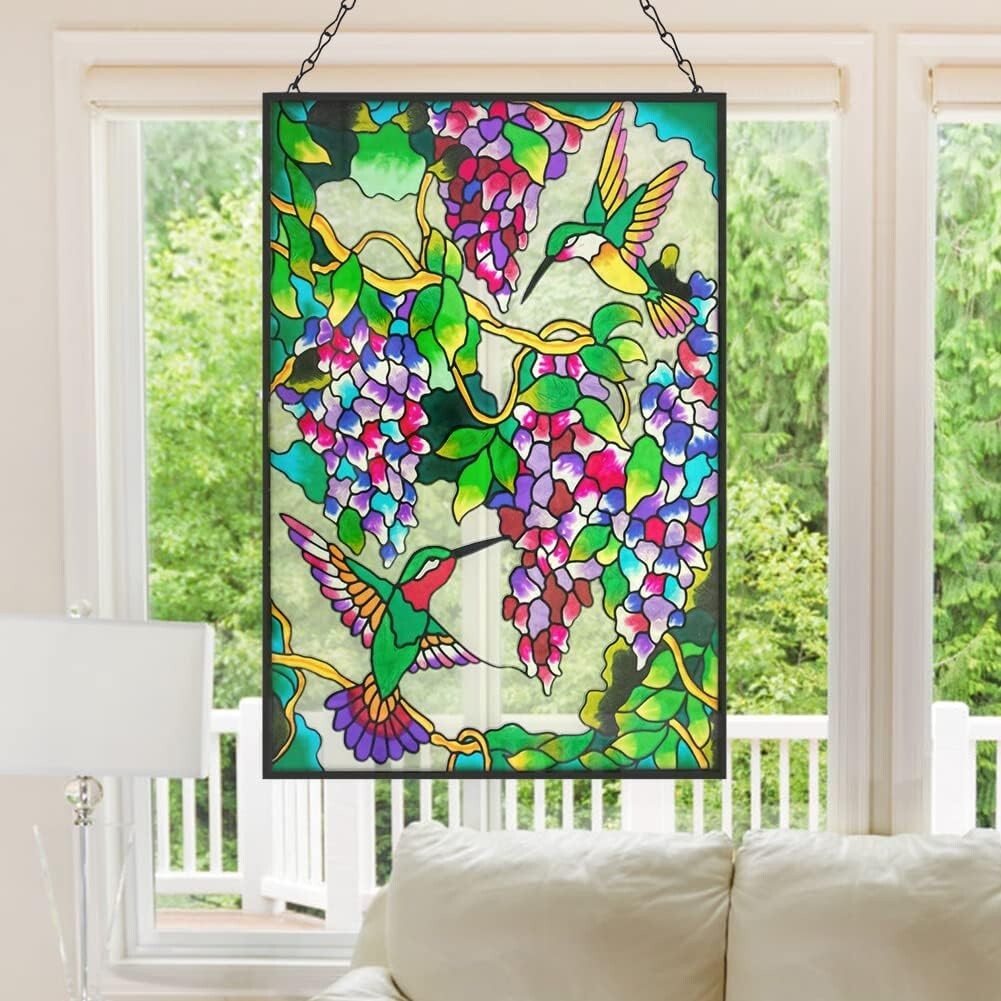 Unique 10" W x 15" H Hummingbird Stained Glass with Hanging Chain - Ideal Gift