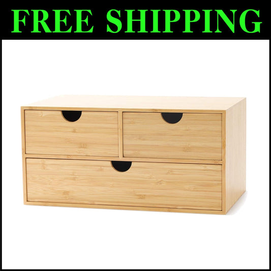 Sustainable Bamboo Mini Desktop Drawer Organizer - Fully Assembled, 3 Drawers