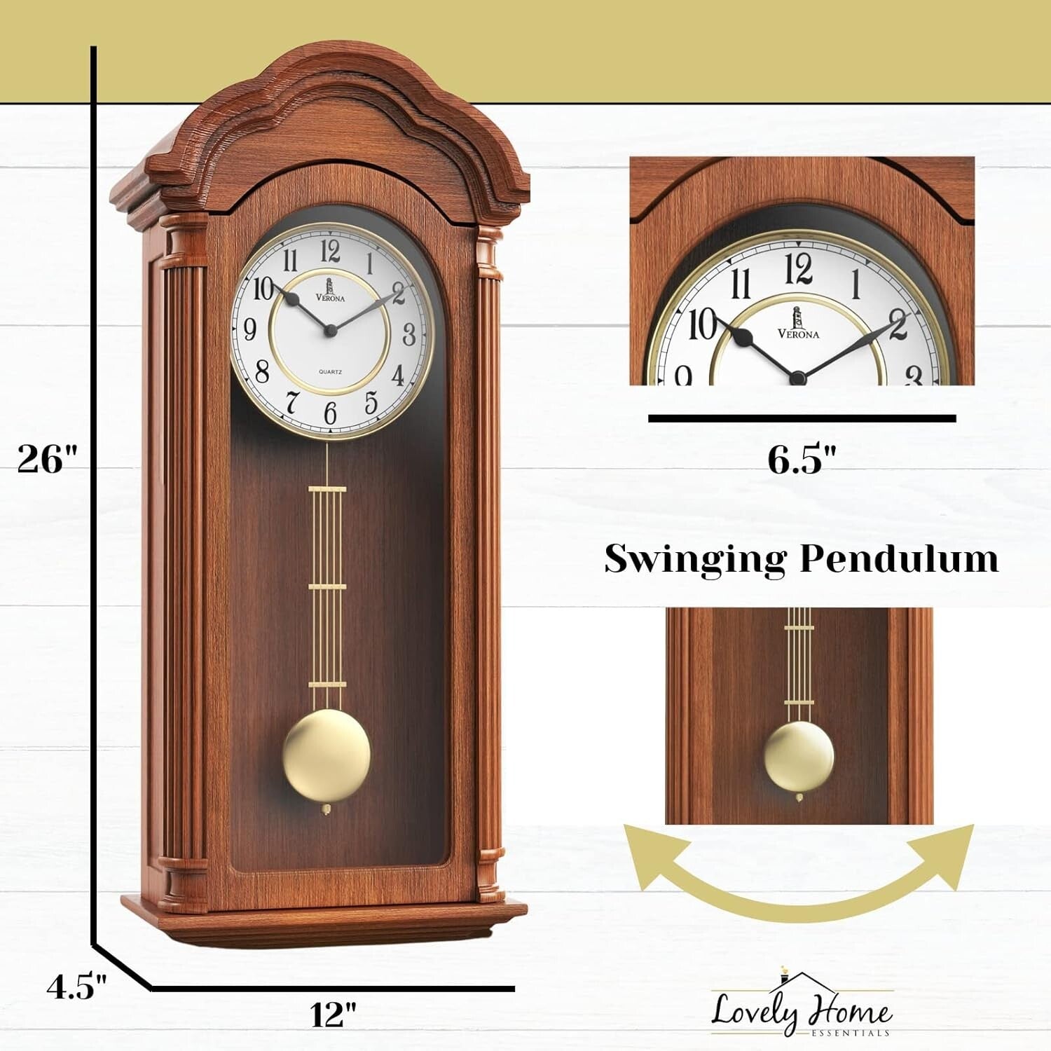 Elegant Wooden Pendulum Wall Clock - Battery Operated, 26x12 Inch Decor