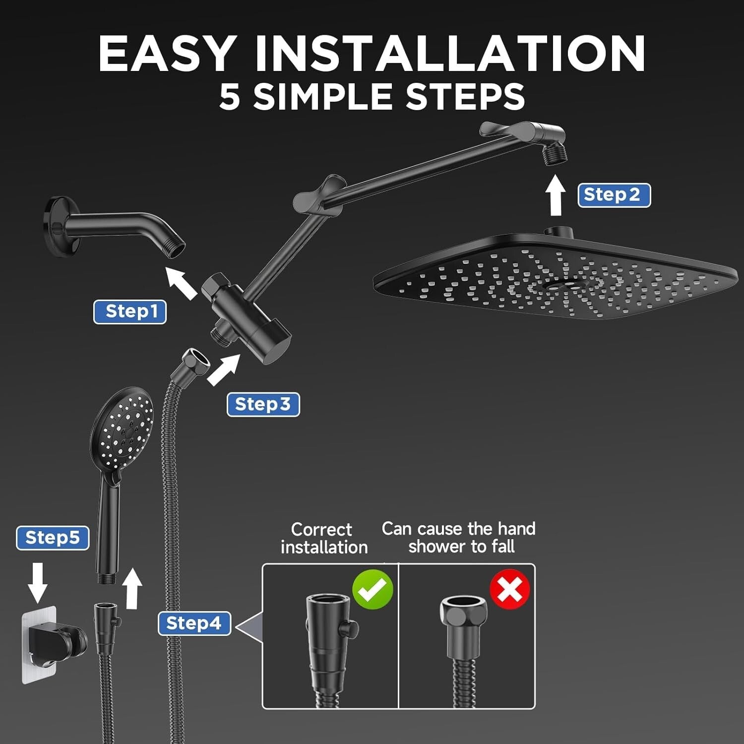 Rainfall Showerhead with Adjustable Height & Anti-Clog Nozzles - Modern Design
