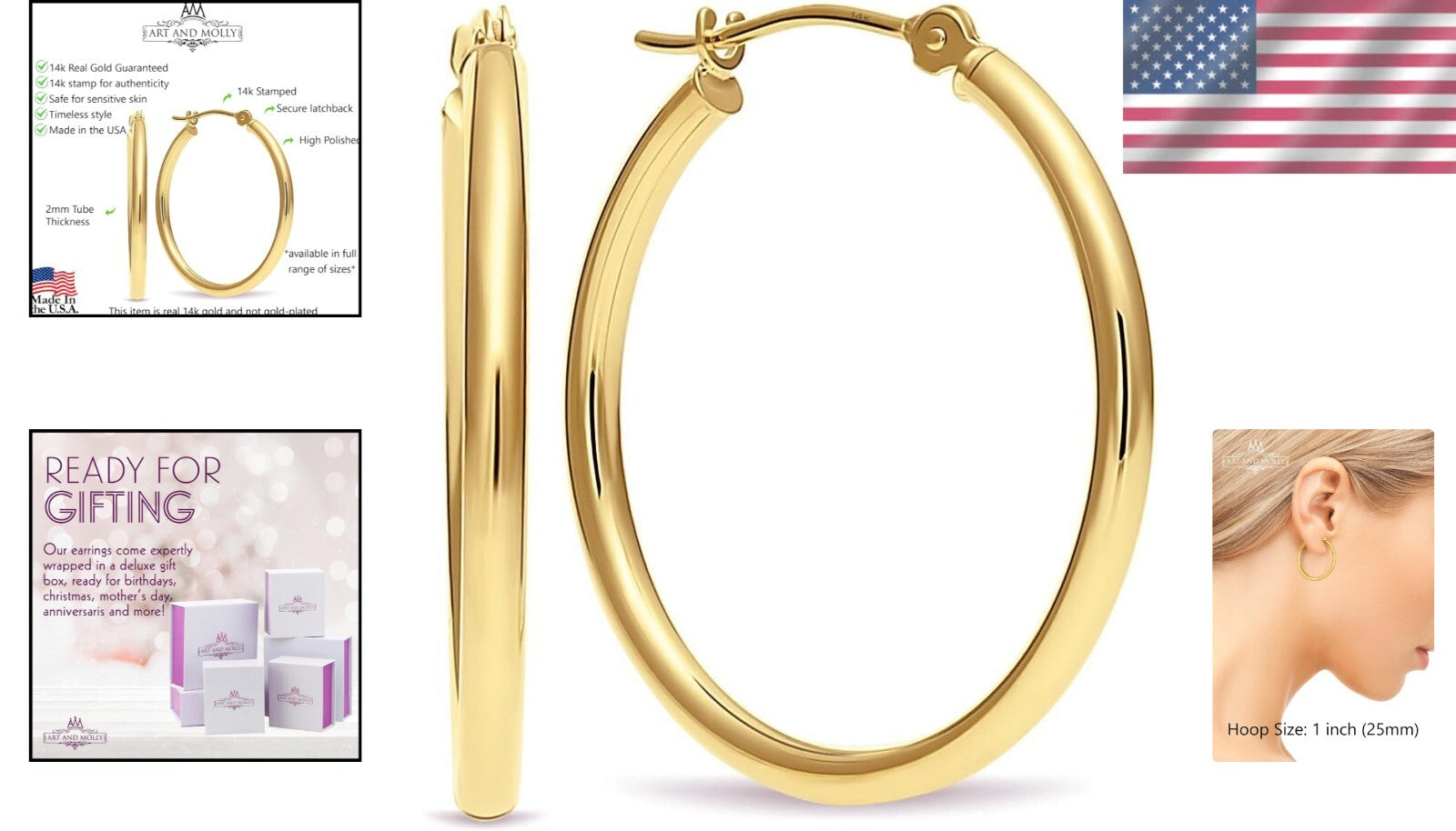 Elegant 14k Gold Hoop Earrings - 1 Inch Diameter, Gift Ready in Deluxe Box