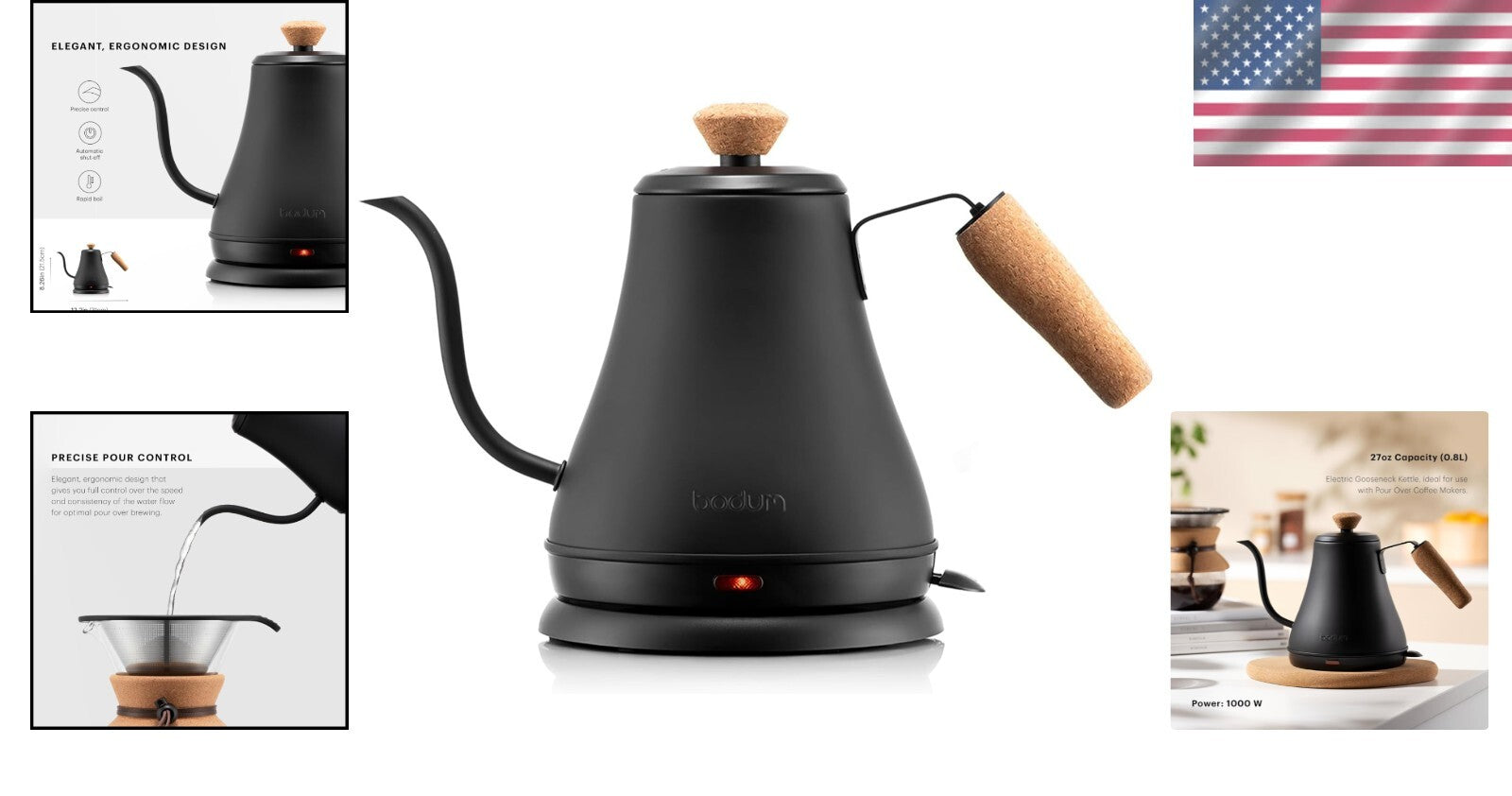 27oz Electric Gooseneck Kettle in Matte Black for Precision Pour Over Brewing