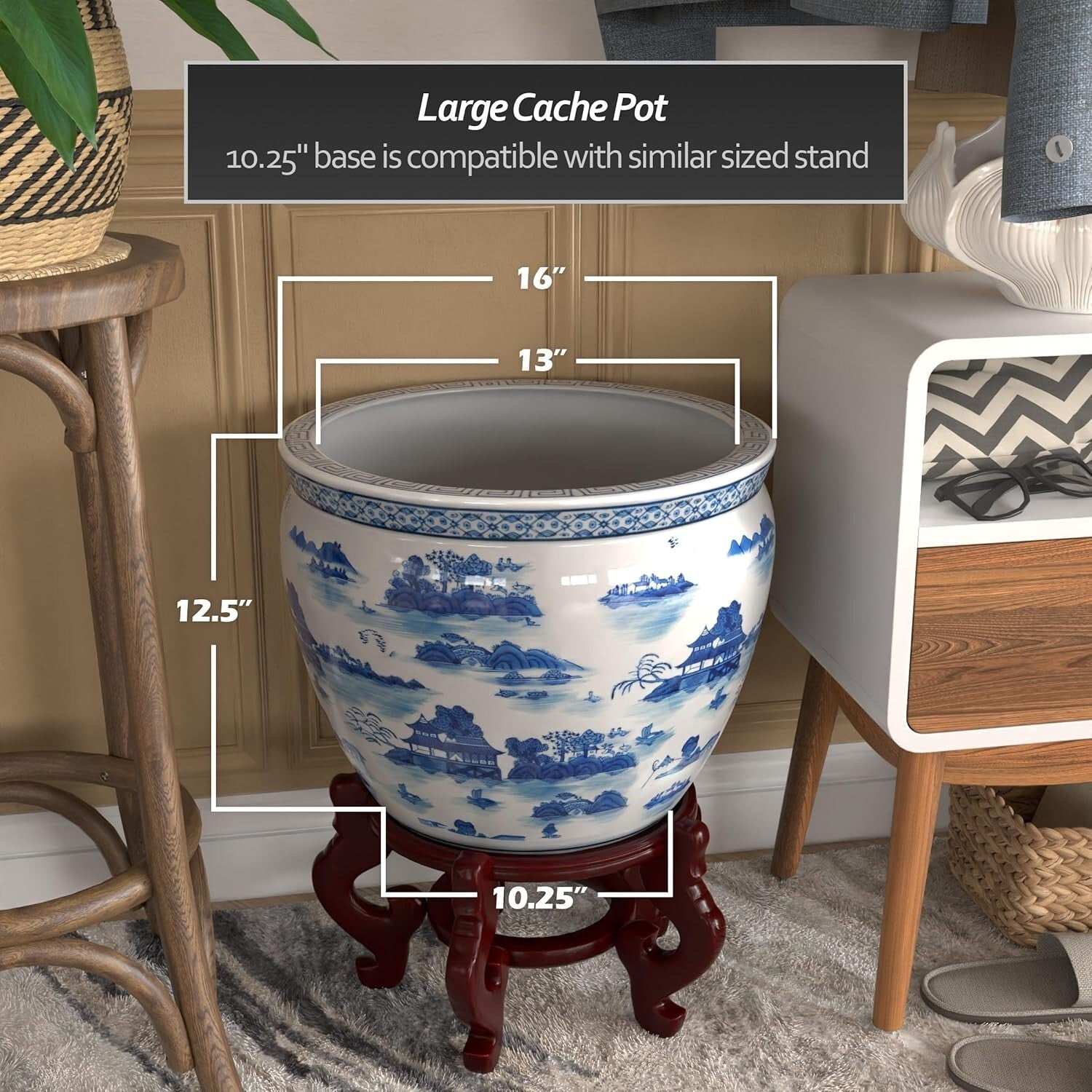 Artisanal 16" Floral Patterned Blue & White Fishbowl Planter – Timeless Elegance