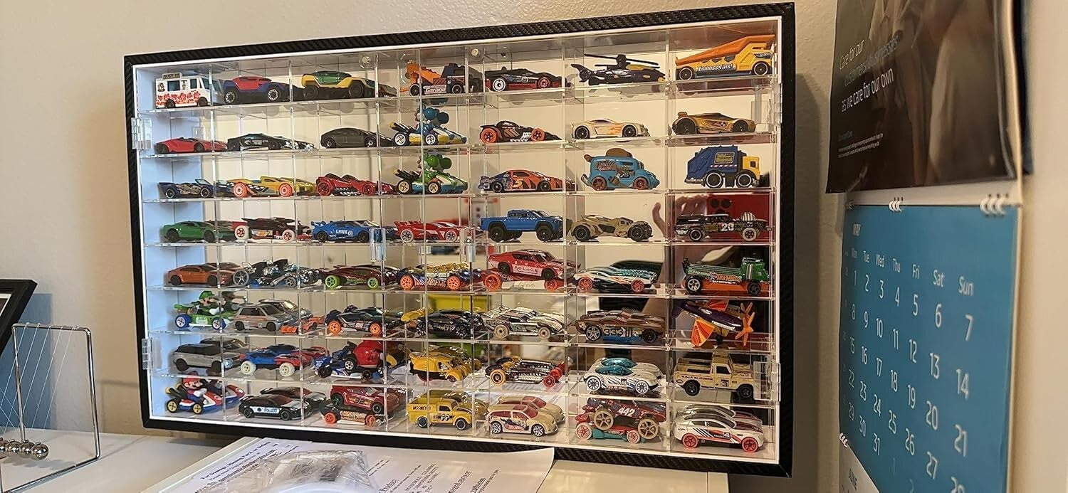 Premium Acrylic 1/64 Scale Car Display Case with 56 Compartments - No Assembly