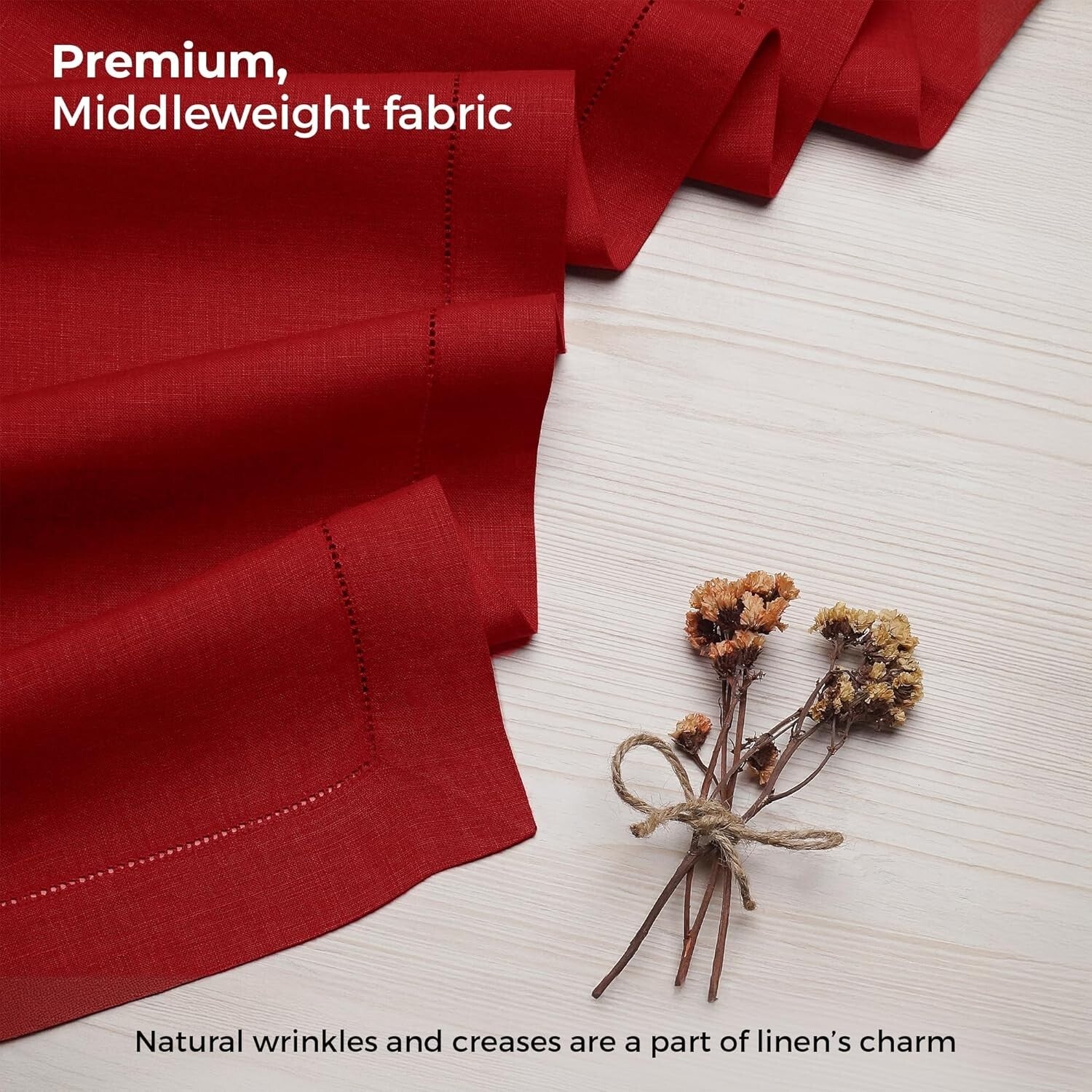 14x120 Inch Luxe Red Linen Table Runner - Classic Hemstitch, Perfect for Easter