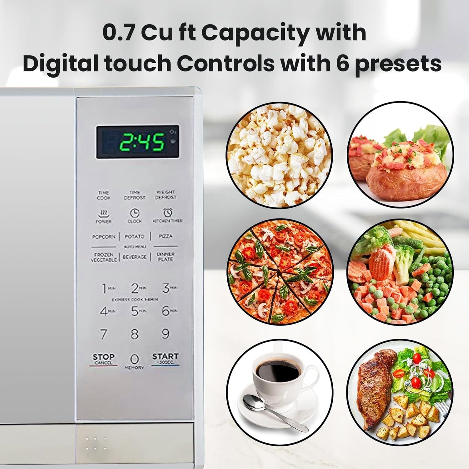 Sleek 0.7 Cu Ft Countertop Microwave with Child Lock - Easy Cleanup & Pre-Sets
