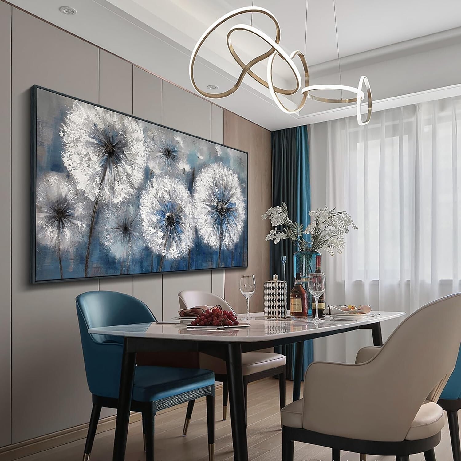 Dandelion Wall Art - Blue Canvas Painting, Framed Elegance for Living Spaces