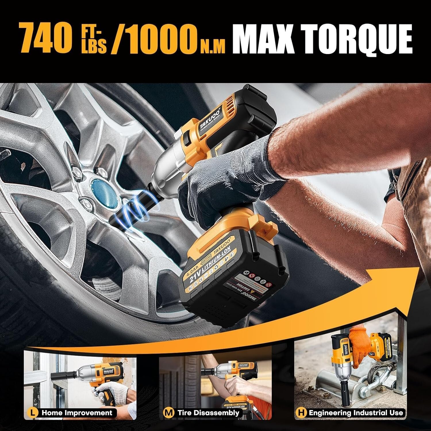 Cordless High Torque Brushless Impact Wrench 740Ft-lbs with 2 Batteries & Cha...