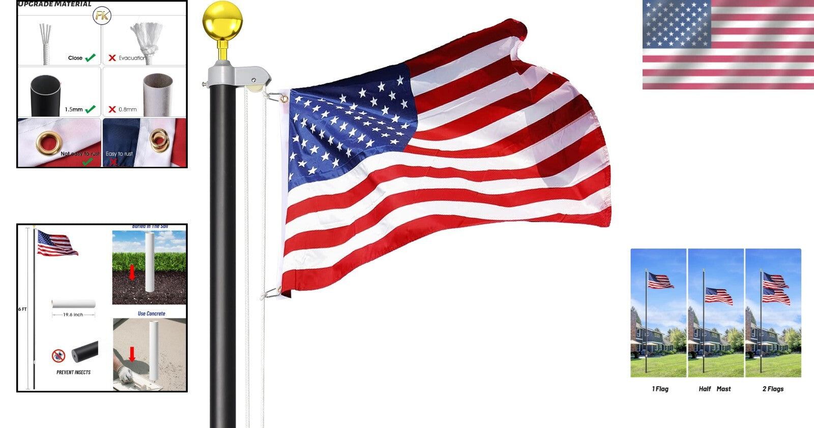Durable 25 FT Flag Pole Kit - Corrosion Resistant with 3x5 U.S. Flag Included