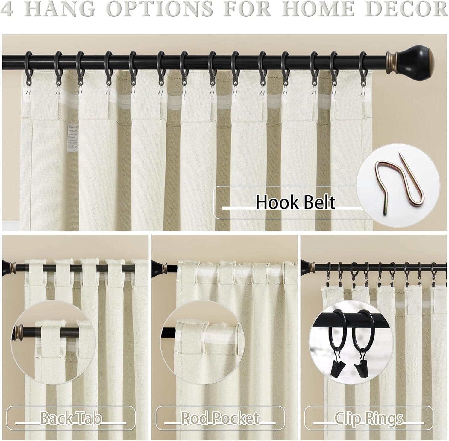 Beige Faux Linen Full Blackout Curtains 108" - Modern Insulated Drapes Set of 2