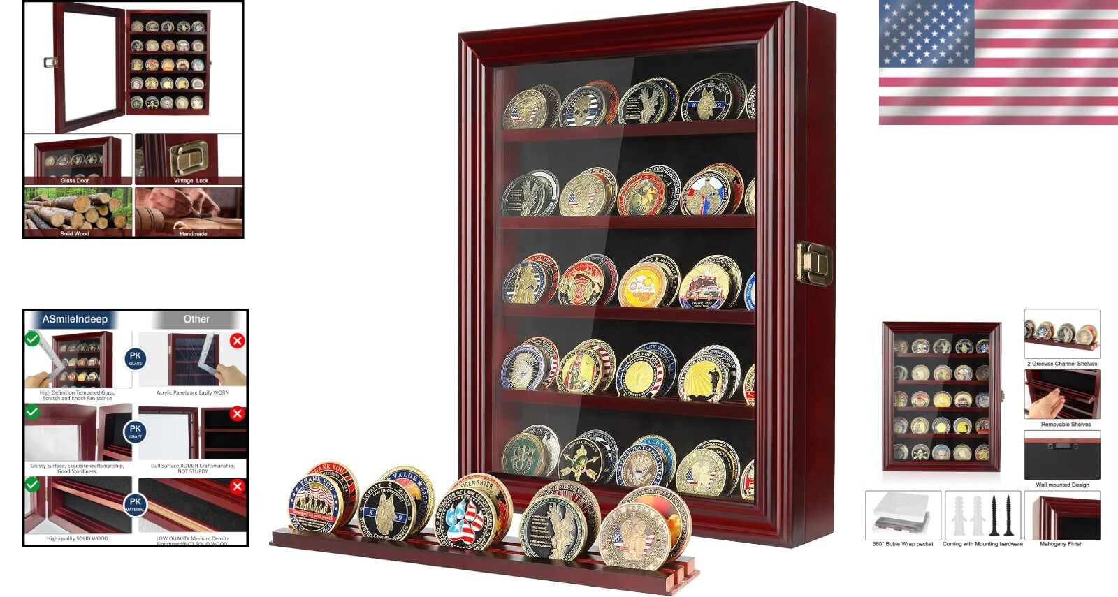 Handcrafted Mahogany Challenge Coin Case with HD Glass - Perfect Gift for Heroes