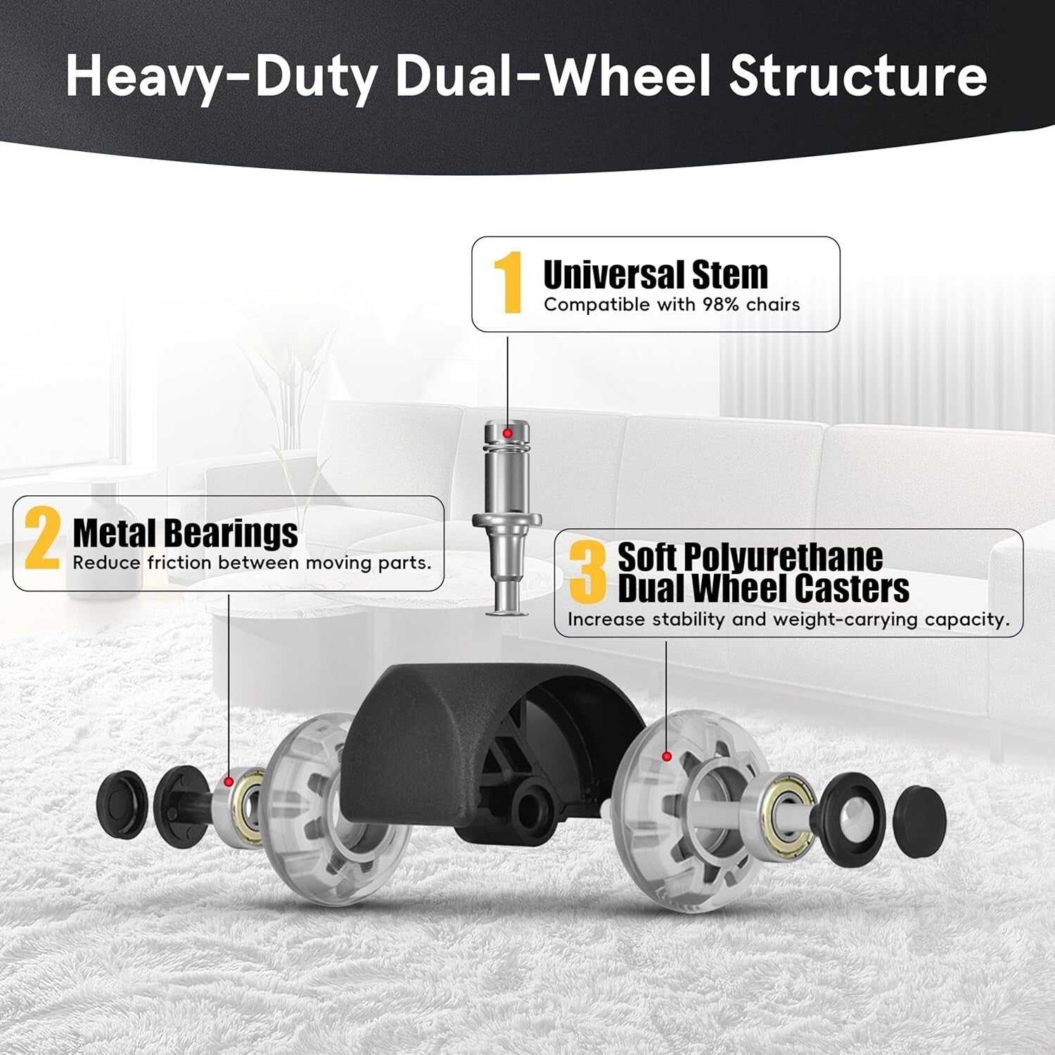 Premium Office Chair Caster Wheels - 5 Pack, 2.5 Inch, Quiet Glide Technology