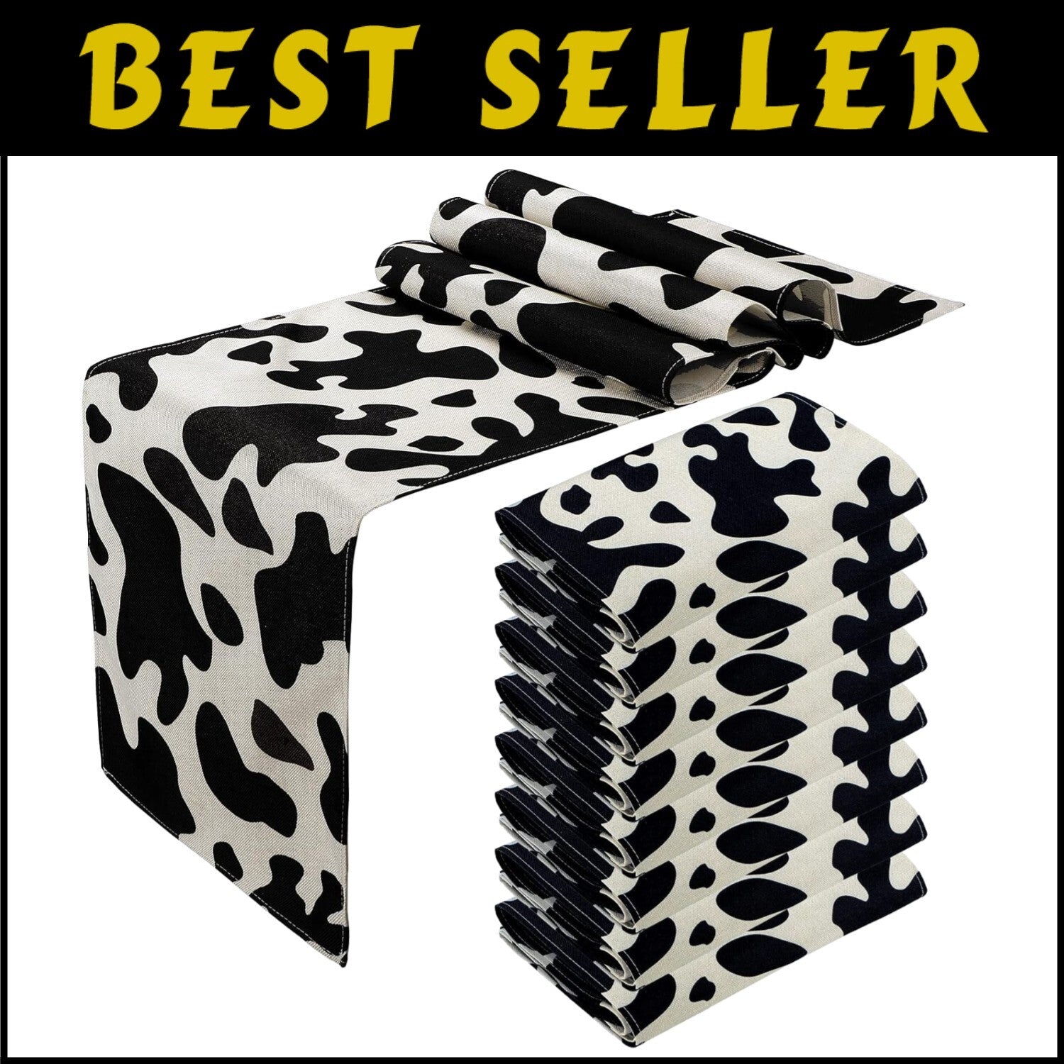 8 Pcs Cow Print Table Runners - Rustic Black and White Linen Tablecloths 13x108