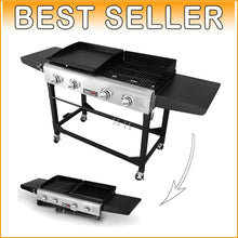 Load image into Gallery viewer, Stylish Black Propane Grill and Griddle Combo with Folding Legs and Side Tables