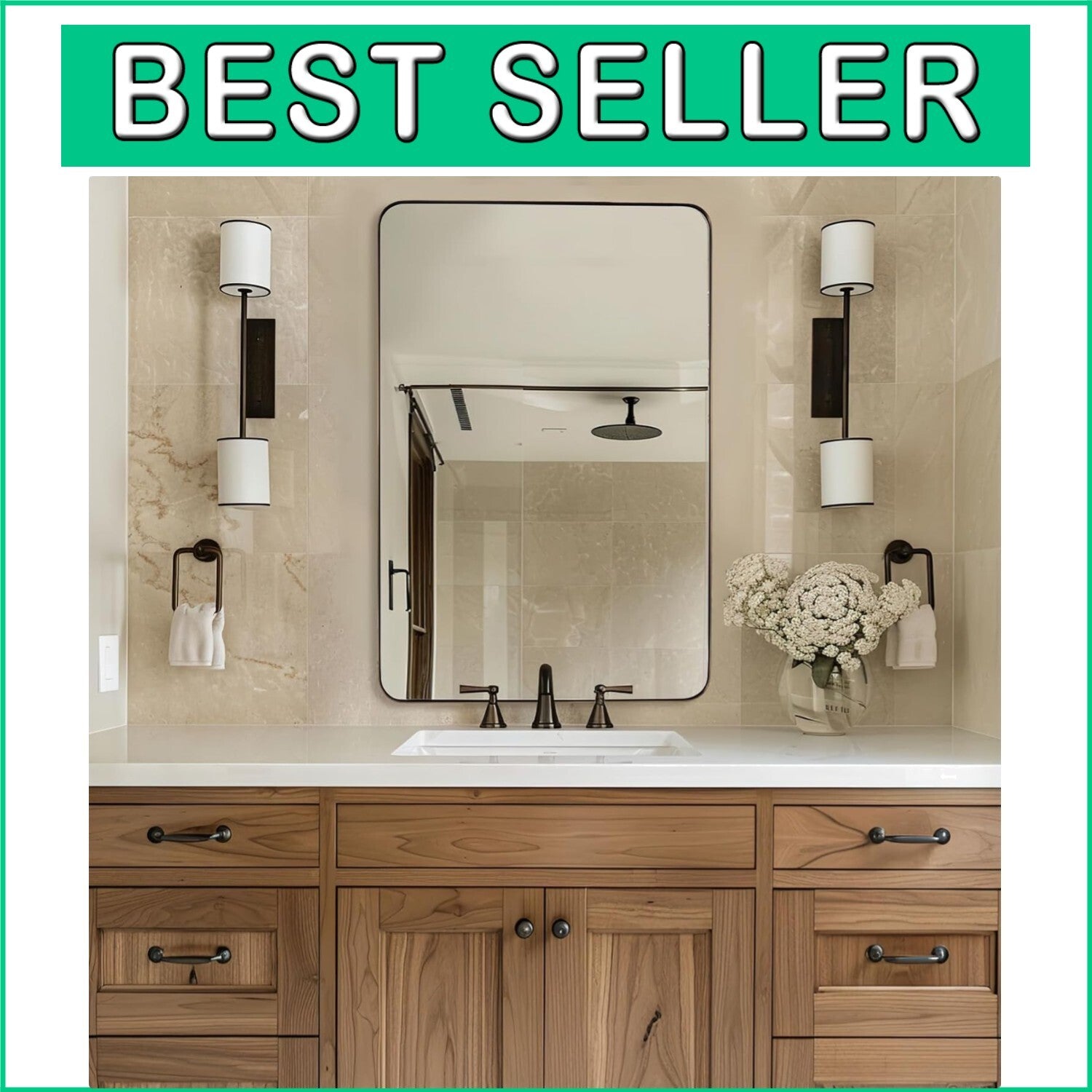 Brushed Bronze Bathroom Mirror, 24"x36" Rounded Rectangle, Stainless Steel Frame