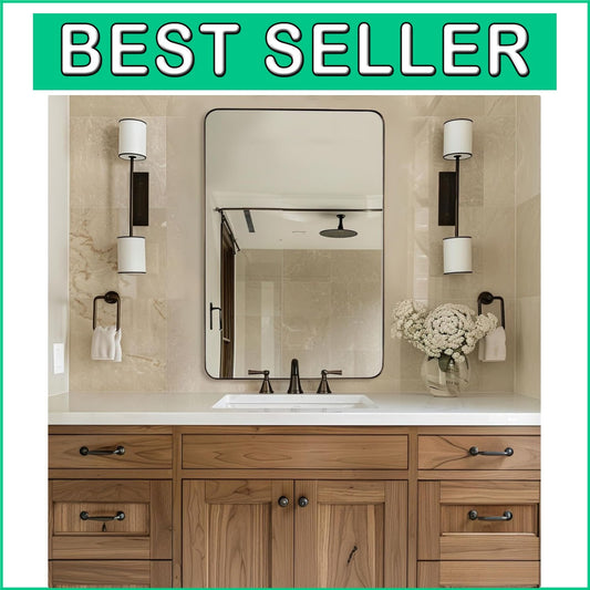 Brushed Bronze Bathroom Mirror, 24"x36" Rounded Rectangle, Stainless Steel Frame