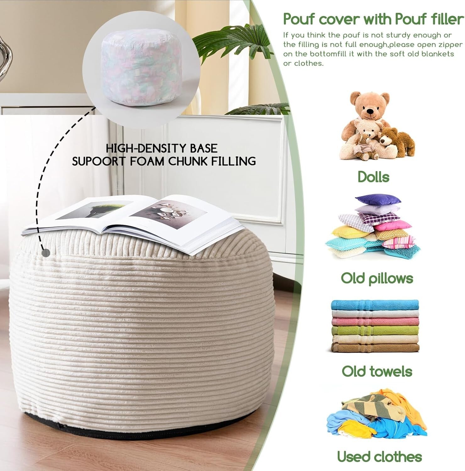 Fluffy Round Pouf Ottoman - 20" Corduroy Stool with Storage for Living Room