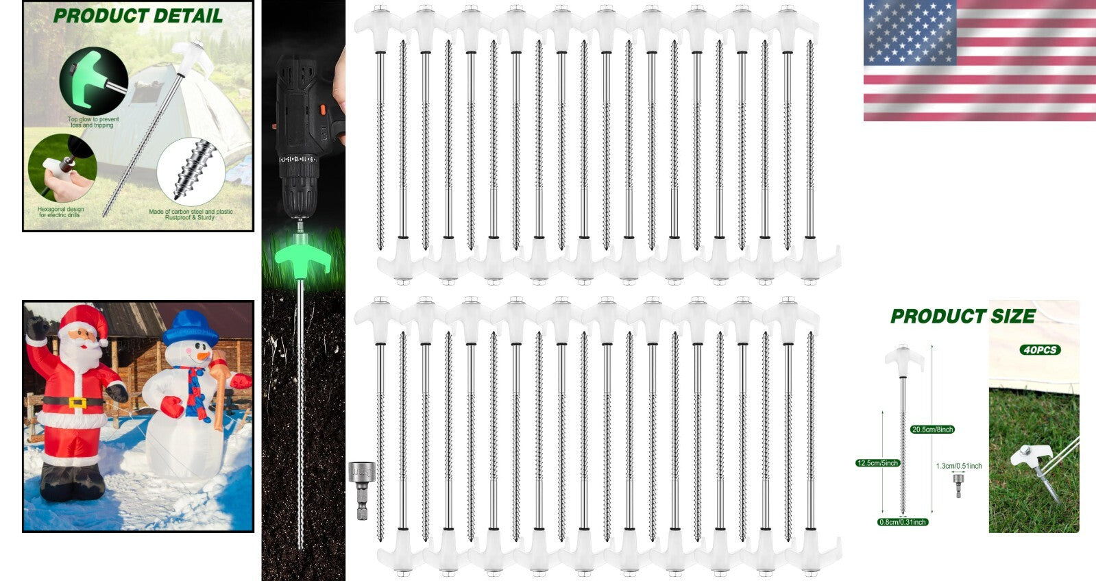 8" Luminous White Heavy Duty Tent Stakes - 40 Pcs for Secure Outdoor Anchoring