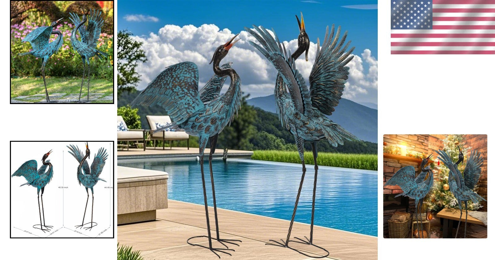 Elegant Handmade Garden Crane Sculptures - Blue Metal Bird Yard Art Set