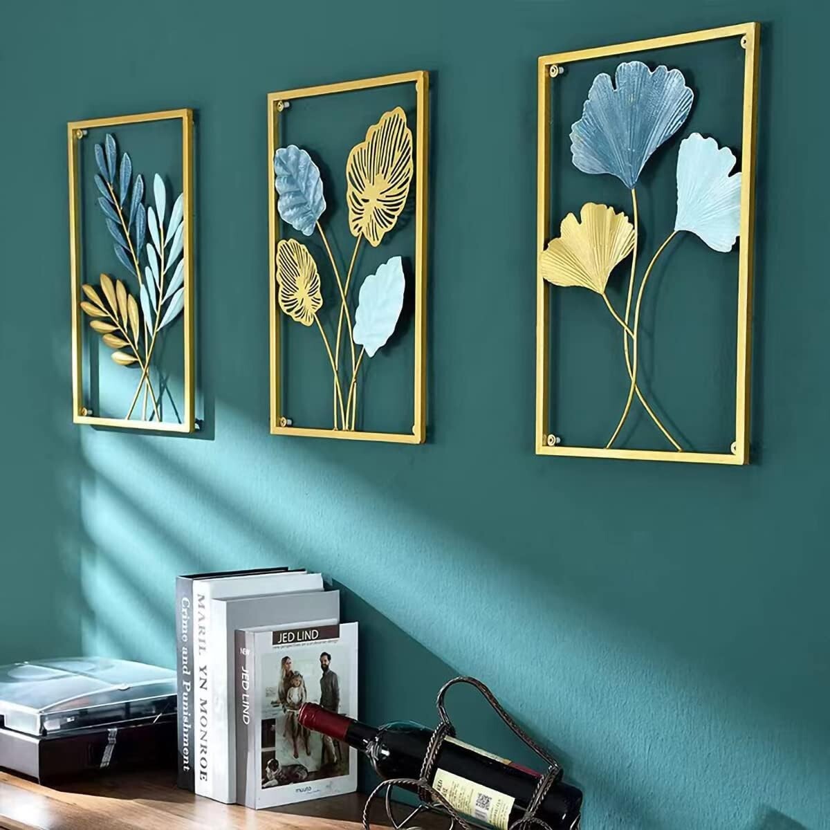 Elegant Gold and Canal Blue Ginkgo Biloba Metal Wall Sculptures - 3-Piece Set