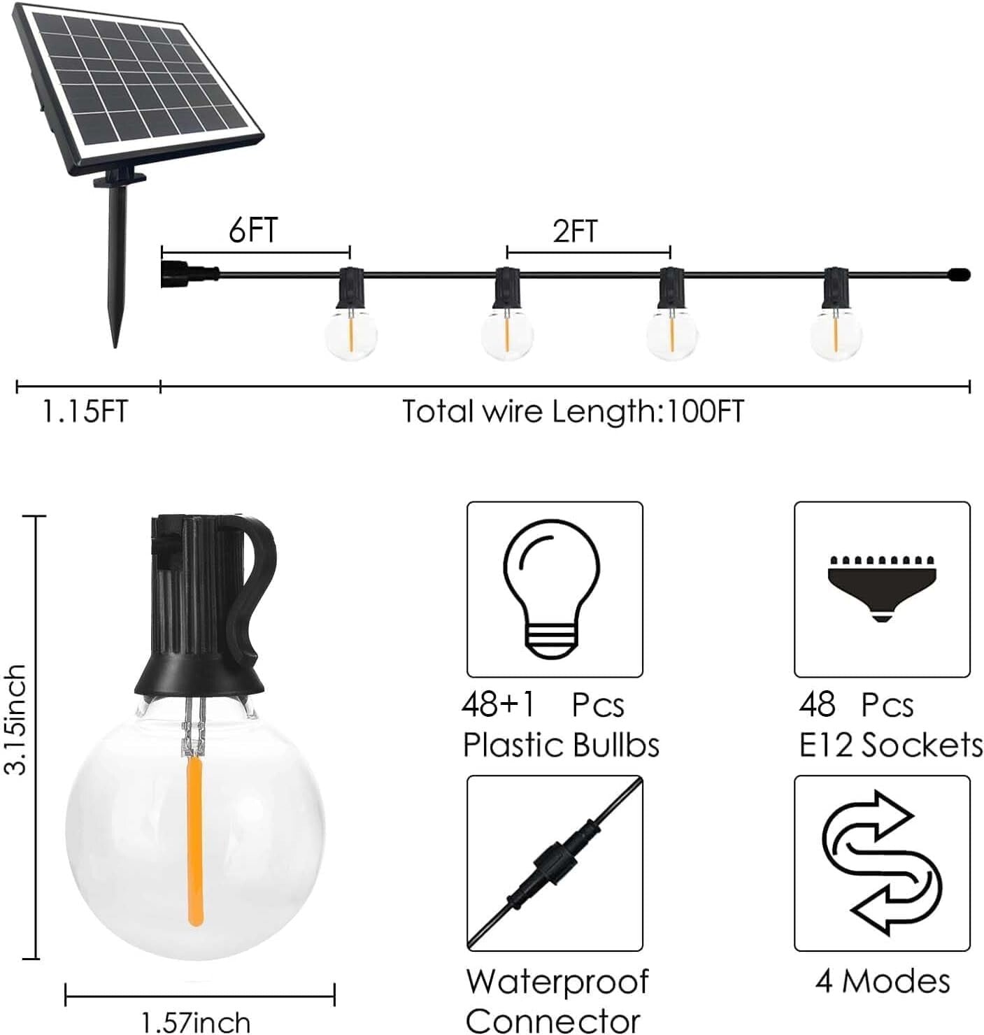 100ft Solar String Lights: 48 Waterproof LED Bulbs for Elegant Outdoor Spaces