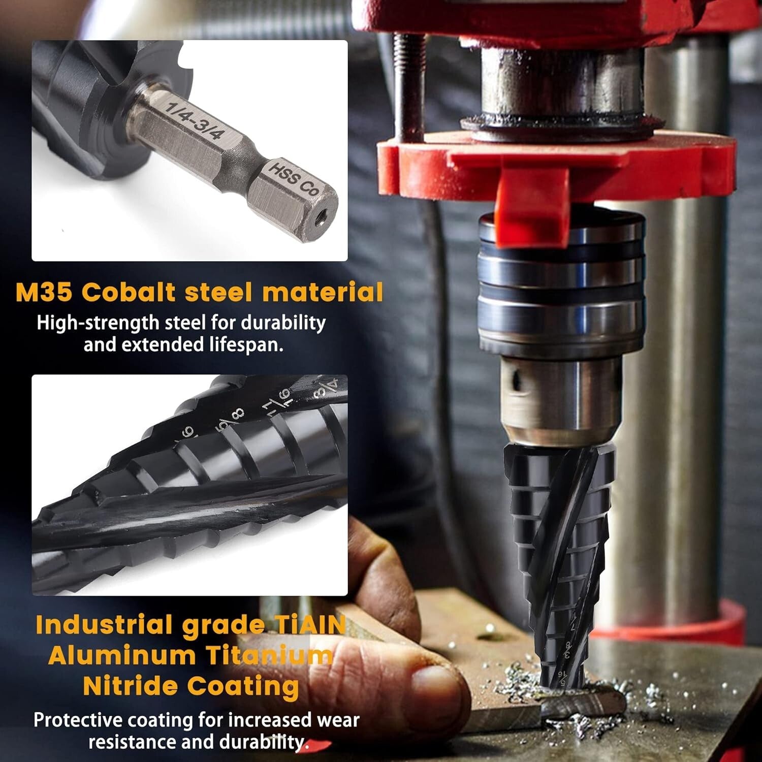 Heavy-Duty Cobalt Step Drill Bit Set, 3PCS with Magnetic Hex Shank & 4 Flutes