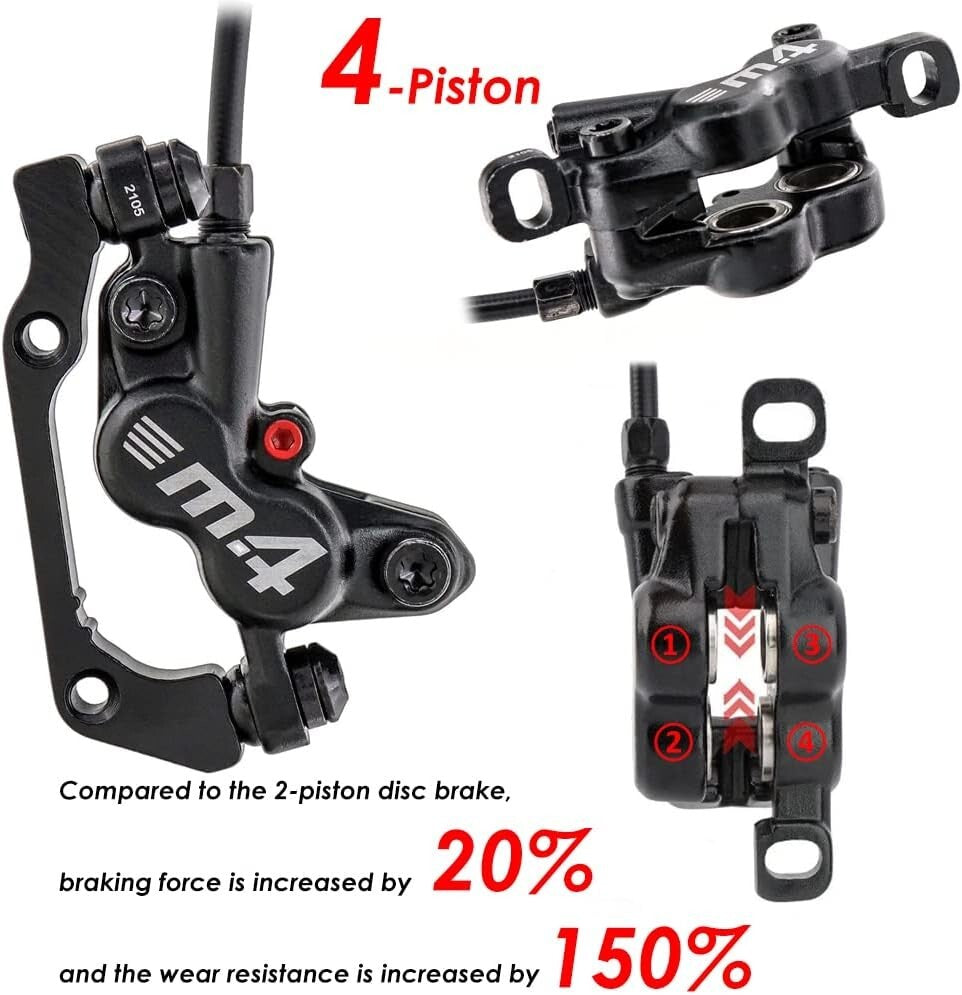 Adjustable Hose 4-Piston MTB Hydraulic Brake Set - Complete with Floating Discs