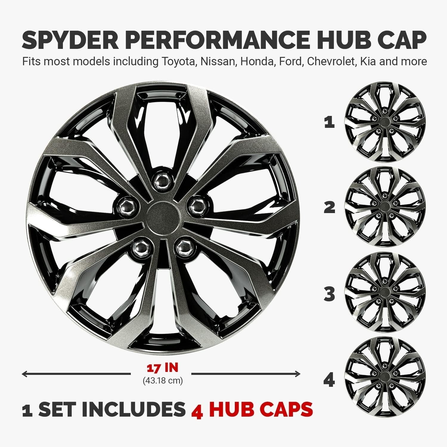 Universal 17 Inch Black & Gunmetal Hubcap Wheel Covers - Set of 4 for Most Cars