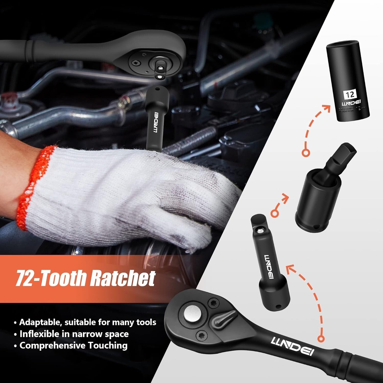 Durable 72-Tooth Ratchet and 52 PCS Impact Socket Set - Organized Storage Kit