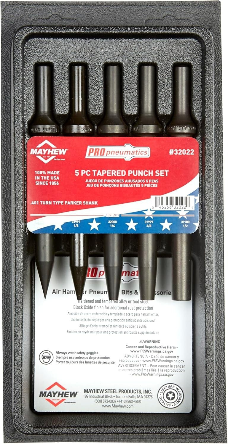 5-Piece Pneumatic Taper Punch Set with Black Oxide Finish for Precision Tasks