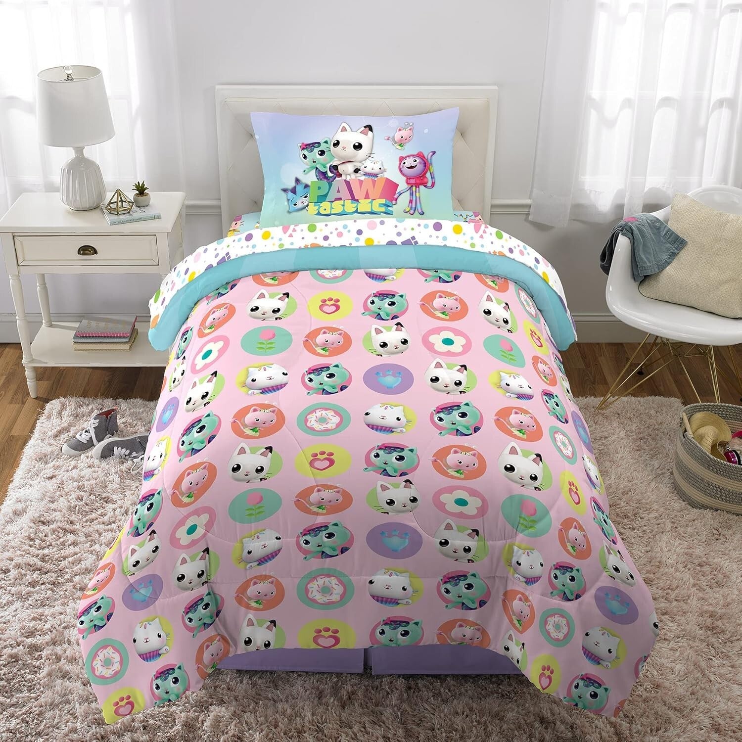 Gabby's Dollhouse Cakey & MerCat Twin Bedding Set - 4 Piece Super Soft Comforter