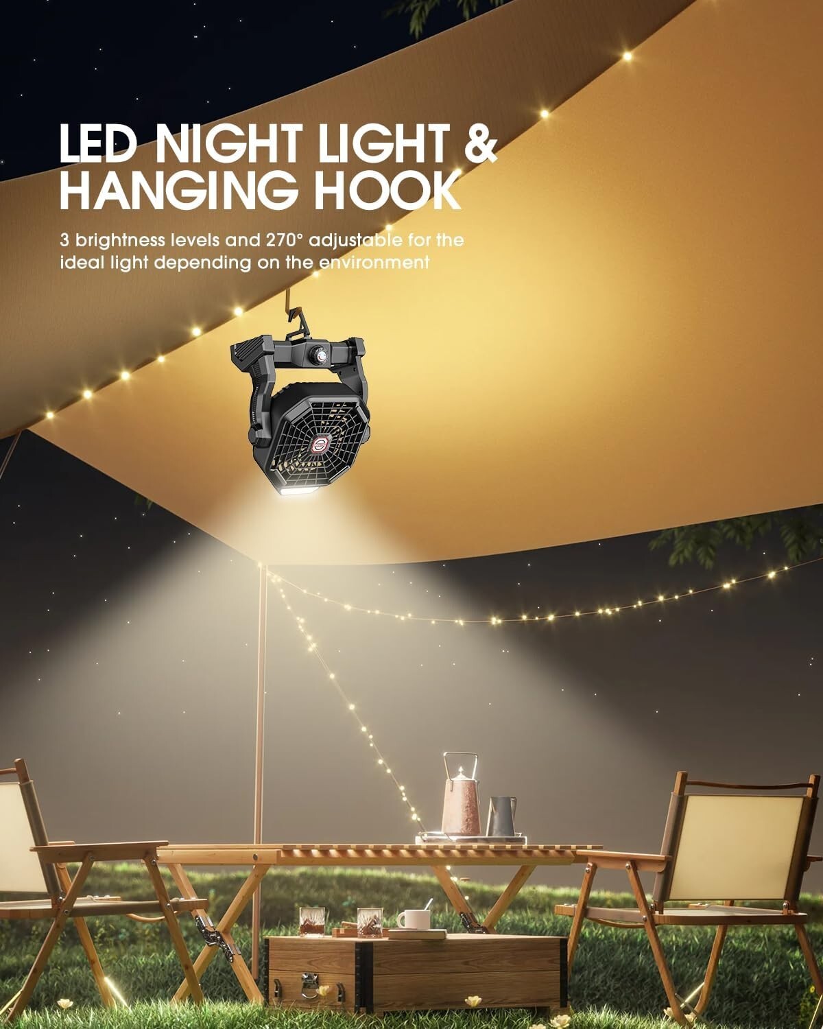 7W Solar-Powered Tent Fan with Bladeless Design & LED Light - Perfect for BBQs