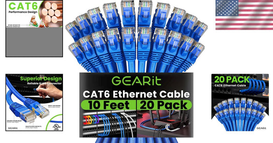 Bulk 20-Pack Cat 6 Ethernet Patch Cables - 10 Feet, Gold-Plated RJ45 Connectors