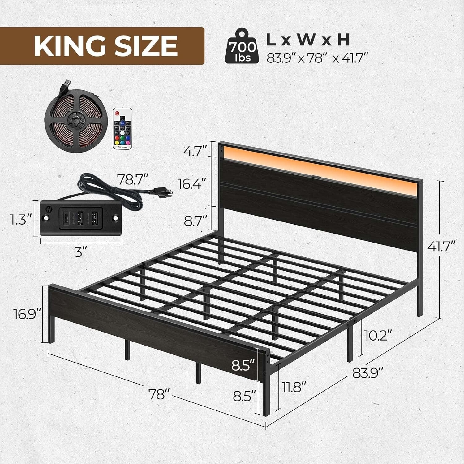 Easy Assembly King Bed Frame with LED Lighting & Powerful Support Up to 700lbs