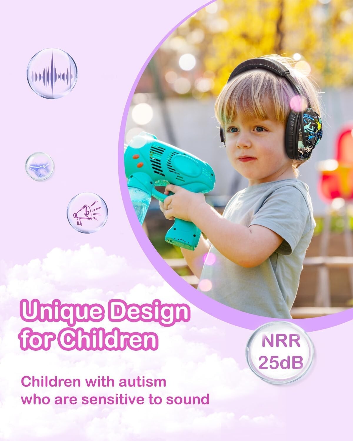 Adjustable Noise Cancelling Earmuffs for Kids - 3 Pack with Bright Designs