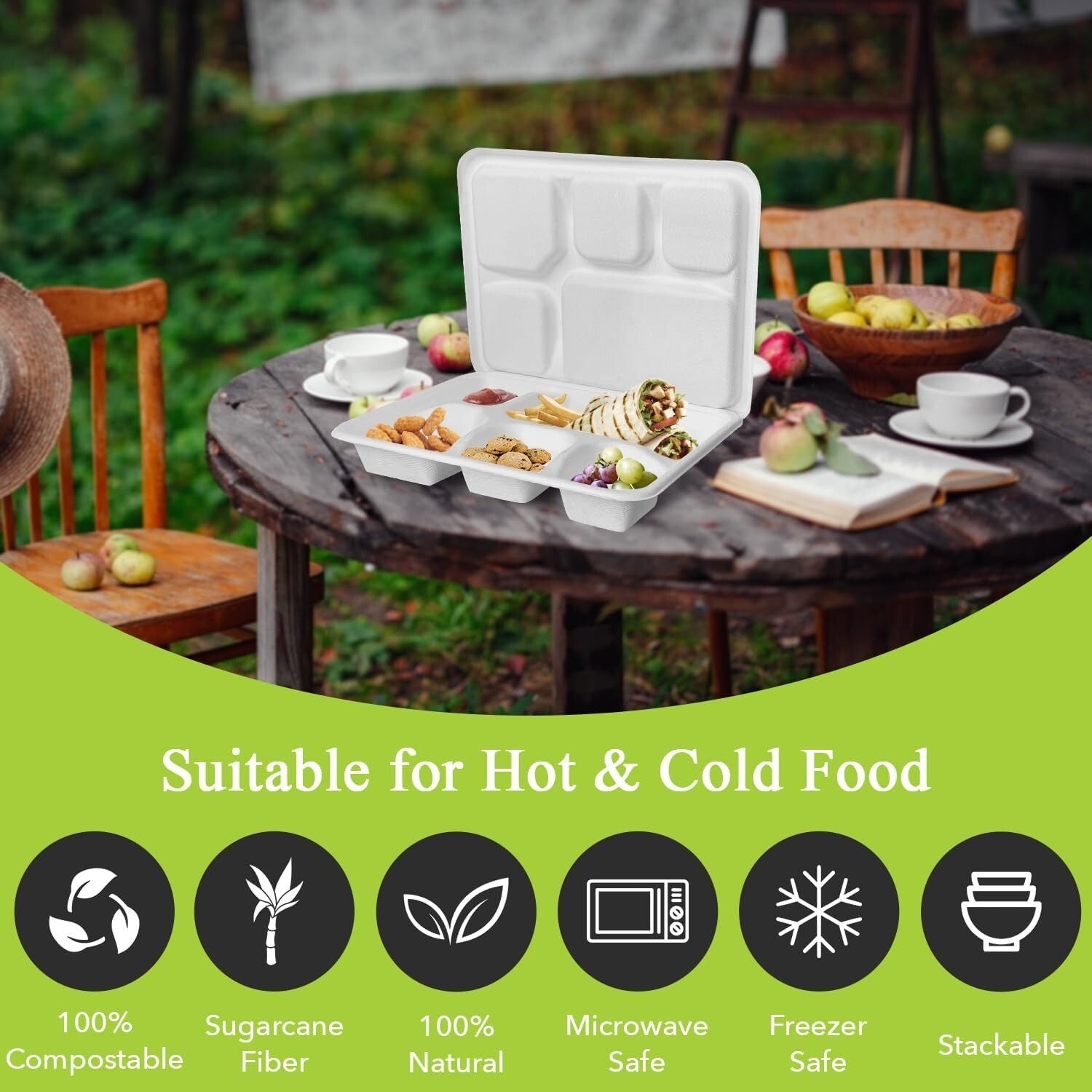 Heavy-Duty 5-Compartment Eco-Friendly Meal Tray Set - 200 Biodegradable Plates